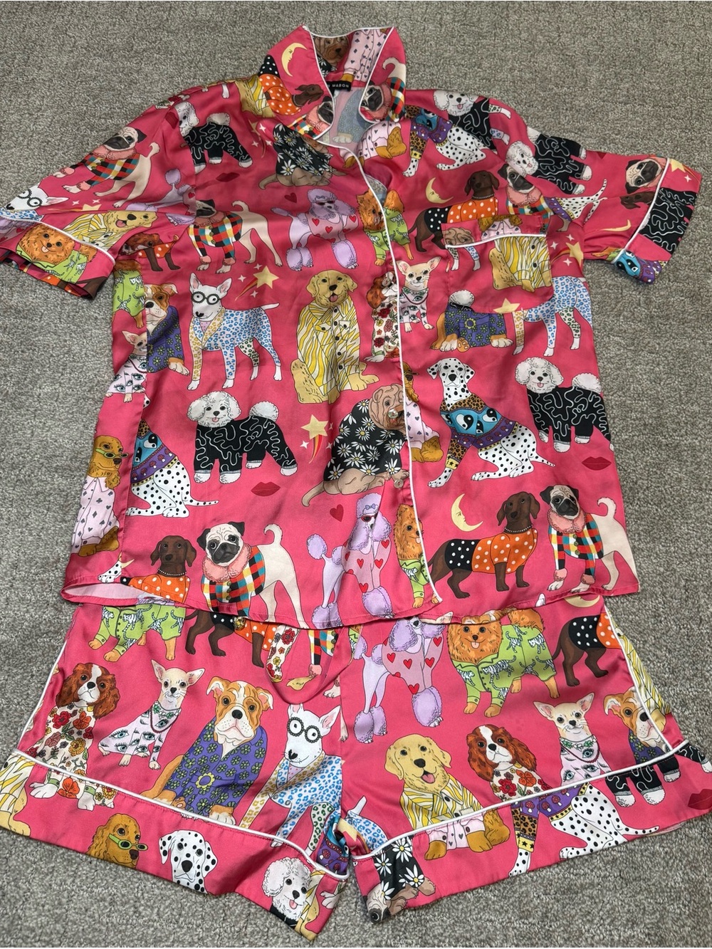 Karen Mabon "Fashion Dogs" Pink Satin Pajama Short Set small